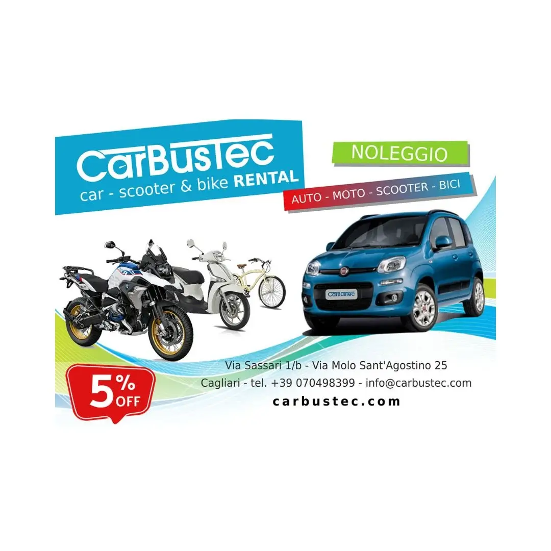 CARBUSTEC 5% off on car, motorcycle, scooter, and bicycle rental services.